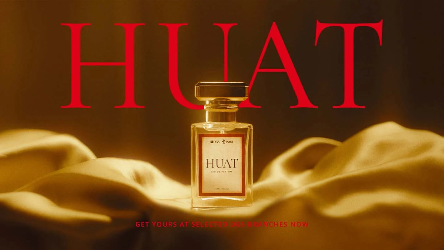 HUAT Eau de Parfum on gold fabric, created for DBS Bank