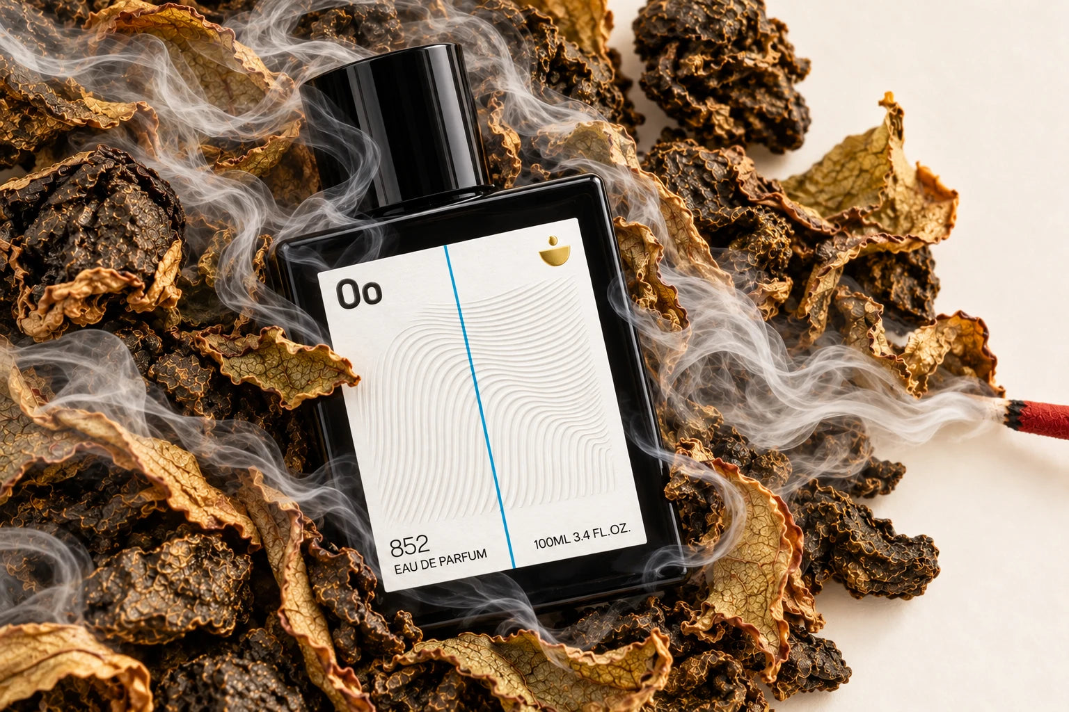 Serenity 852 fragrance among curled oolong tea leaves and incense smoke