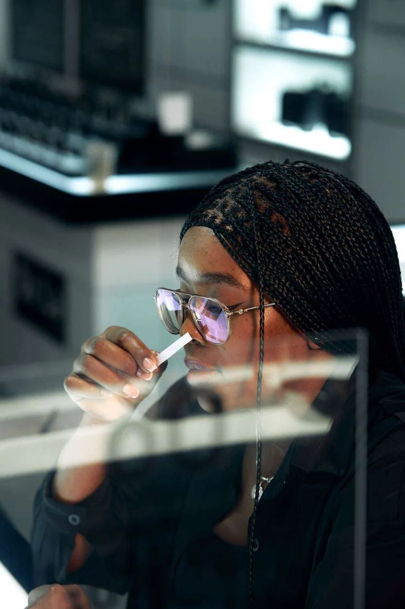 An Oo La Lab guest exploring fragrance on a blotter during a session